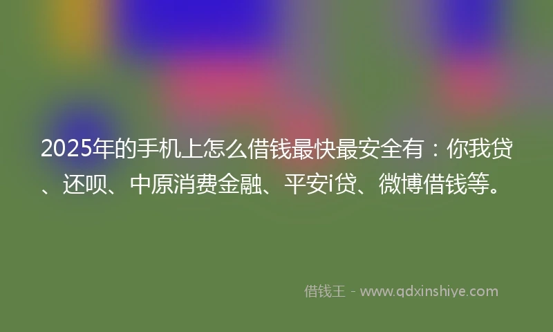 2025年的手机上怎么借钱最快最安全有：你我贷、还呗、中原消费金融、平安i贷、微博借钱等。