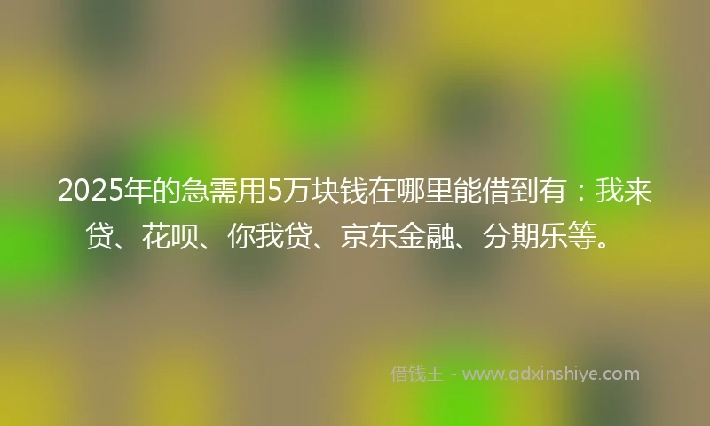 2025年的急需用5万块钱在哪里能借到有：我来贷、花呗、你我贷、京东金融、分期乐等。