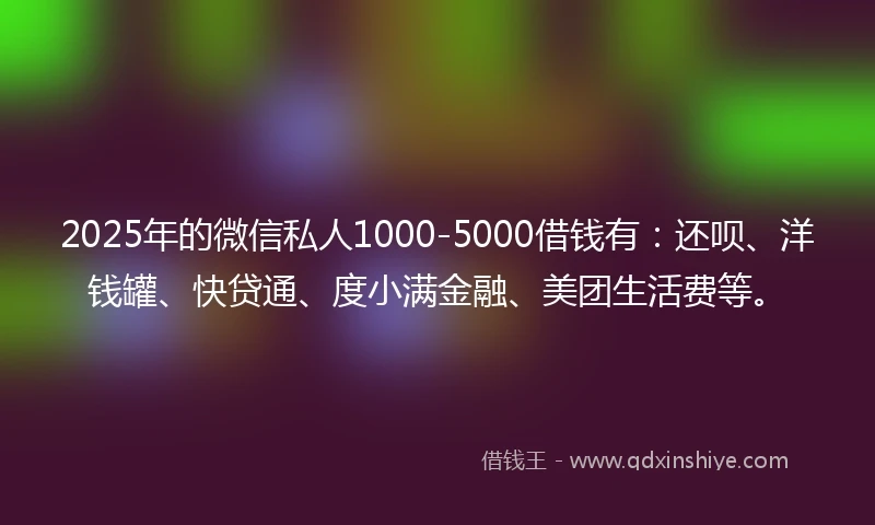 2025年的微信私人1000-5000借钱有：还呗、洋钱罐、快贷通、度小满金融、美团生活费等。