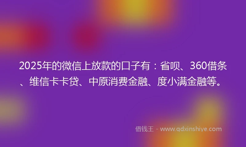 2025年的微信上放款的口子有：省呗、360借条、维信卡卡贷、中原消费金融、度小满金融等。