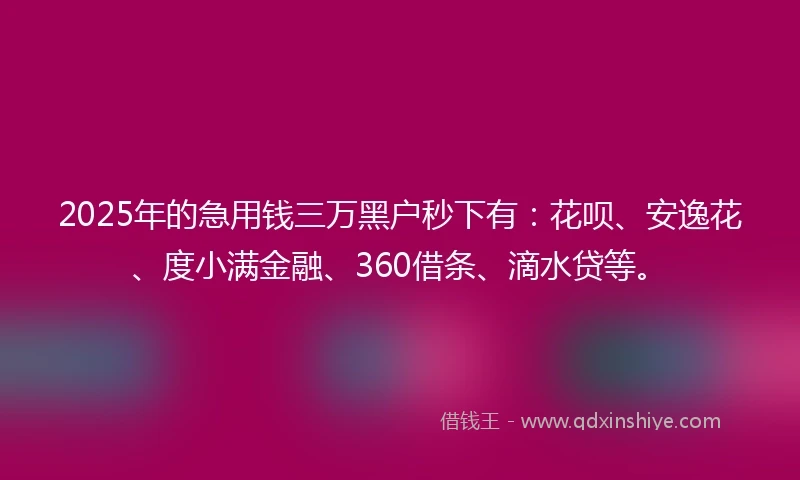 2025年的急用钱三万黑户秒下有：花呗、安逸花、度小满金融、360借条、滴水贷等。