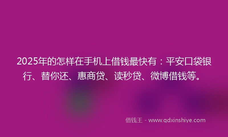 2025年的怎样在手机上借钱最快有：平安口袋银行、替你还、惠商贷、读秒贷、微博借钱等。