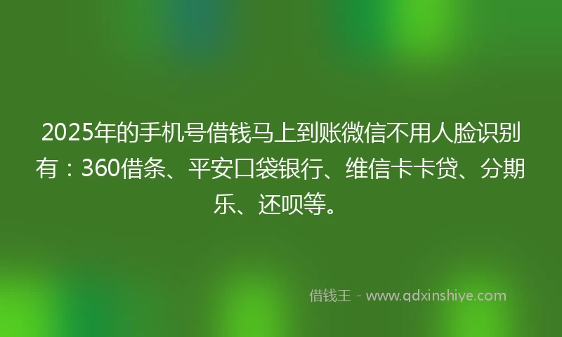 2025年的手机号借钱马上到账微信不用人脸识别有：360借条、平安口袋银行、维信卡卡贷、分期乐、还呗等。
