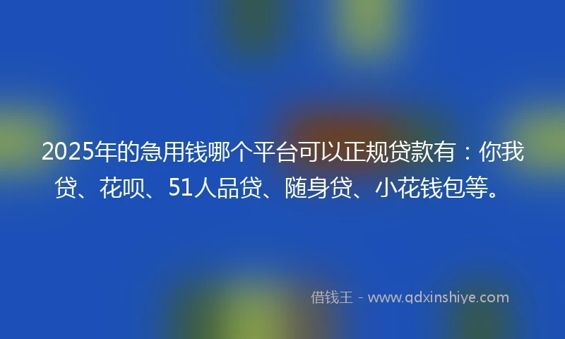 2025年的急用钱哪个平台可以正规贷款有：你我贷、花呗、51人品贷、随身贷、小花钱包等。
