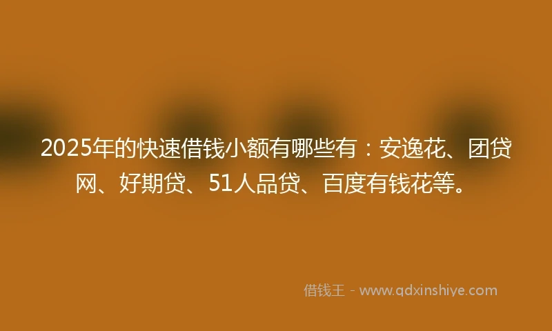 2025年的快速借钱小额有哪些有：安逸花、团贷网、好期贷、51人品贷、百度有钱花等。