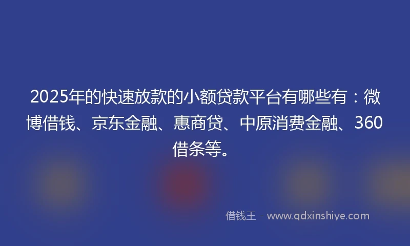 2025年的快速放款的小额贷款平台有哪些有：微博借钱、京东金融、惠商贷、中原消费金融、360借条等。