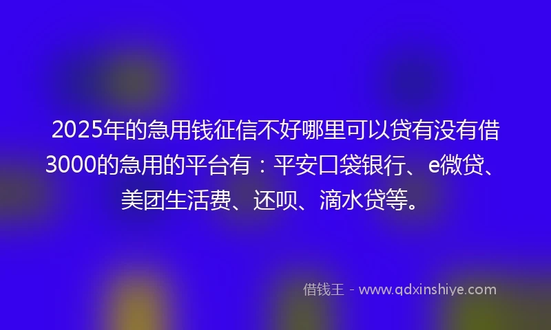 2025年的急用钱征信不好哪里可以贷有没有借3000的急用的平台有：平安口袋银行、e微贷、美团生活费、还呗、滴水贷等。