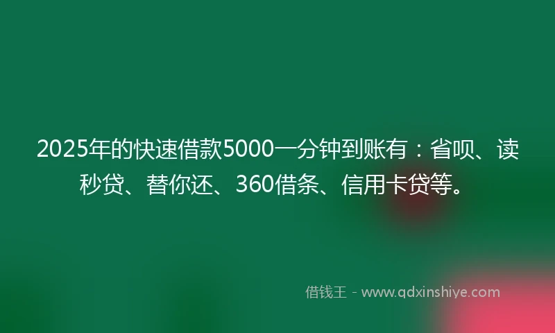2025年的快速借款5000一分钟到账有：省呗、读秒贷、替你还、360借条、信用卡贷等。