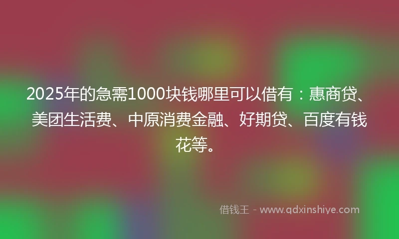 2025年的急需1000块钱哪里可以借有：惠商贷、美团生活费、中原消费金融、好期贷、百度有钱花等。