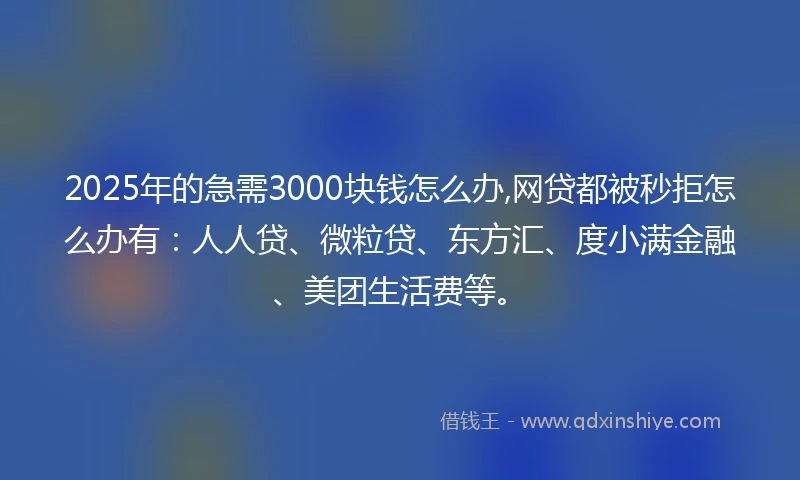 2025年的急需3000块钱怎么办,网贷都被秒拒怎么办有：人人贷、微粒贷、东方汇、度小满金融、美团生活费等。