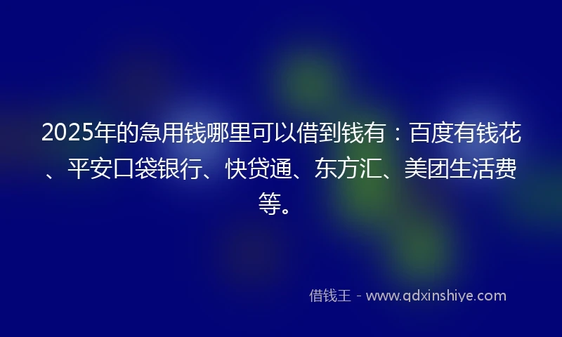 2025年的急用钱哪里可以借到钱有：百度有钱花、平安口袋银行、快贷通、东方汇、美团生活费等。