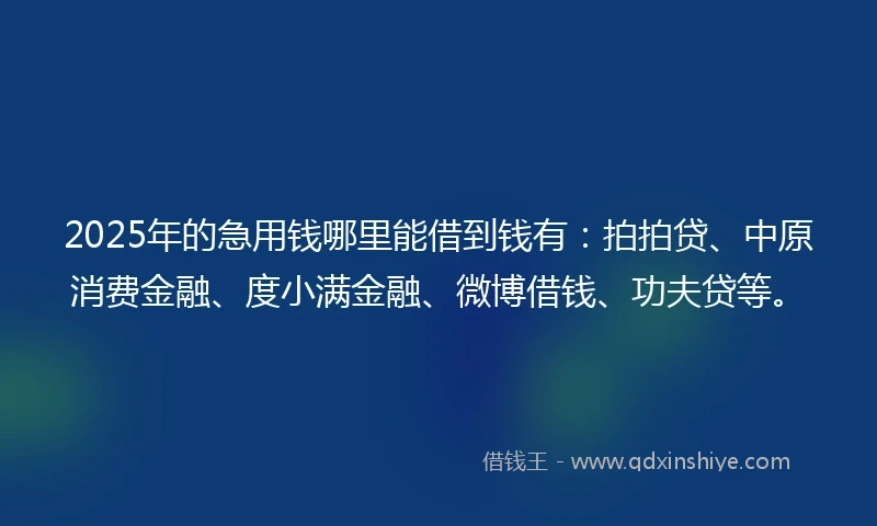 2025年的急用钱哪里能借到钱有:拍拍贷、中原消费金融、度小满金融、微博借钱、功夫贷等。
