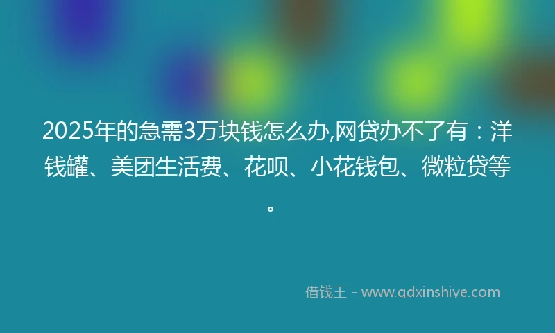 2025年的急需3万块钱怎么办,网贷办不了有：洋钱罐、美团生活费、花呗、小花钱包、微粒贷等。
