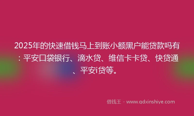 2025年的快速借钱马上到账小额黑户能贷款吗有：平安口袋银行、滴水贷、维信卡卡贷、快贷通、平安i贷等。