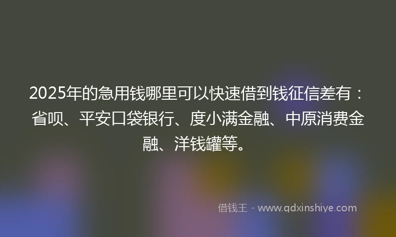 2025年的急用钱哪里可以快速借到钱征信差有：省呗、平安口袋银行、度小满金融、中原消费金融、洋钱罐等。