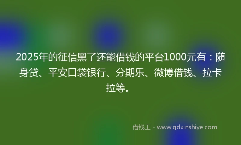 2025年的征信黑了还能借钱的平台1000元有：随身贷、平安口袋银行、分期乐、微博借钱、拉卡拉等。