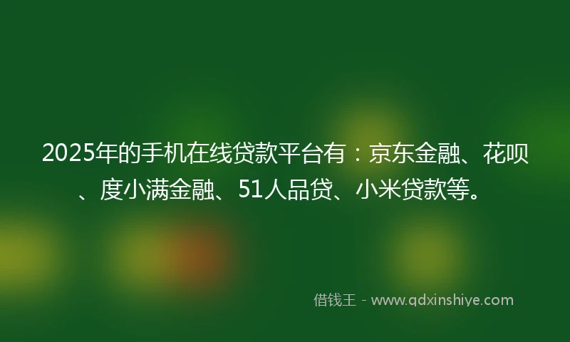 2025年的手机在线贷款平台有：京东金融、花呗、度小满金融、51人品贷、小米贷款等。