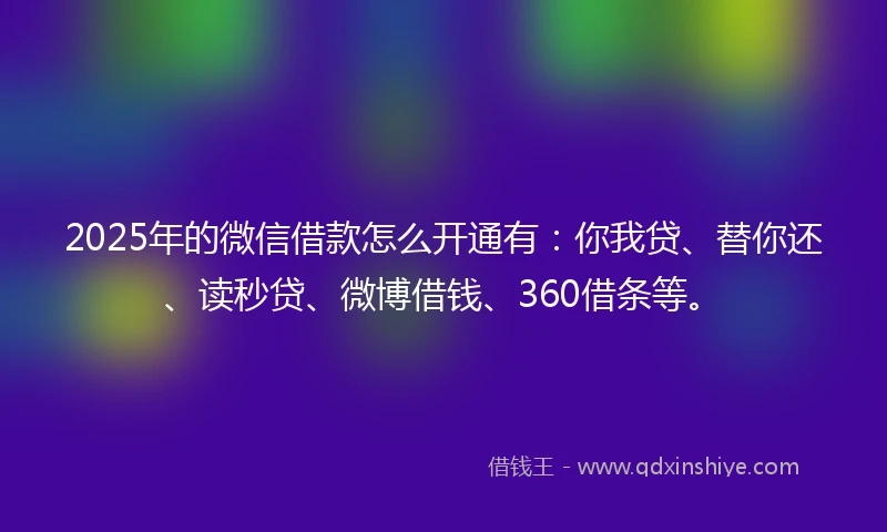 2025年的微信借款怎么开通有：你我贷、替你还、读秒贷、微博借钱、360借条等。