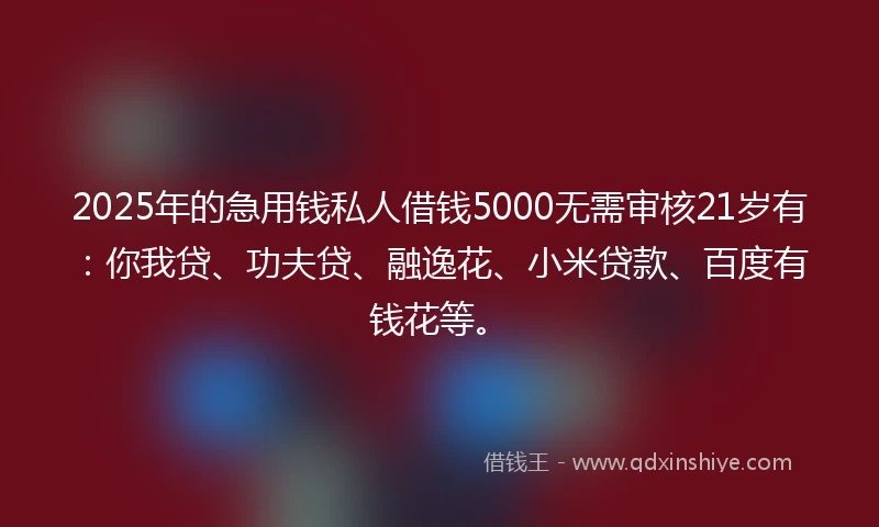2025年的急用钱私人借钱5000无需审核21岁有:你我贷、功夫贷、融逸花、小米贷款、百度有钱花等。