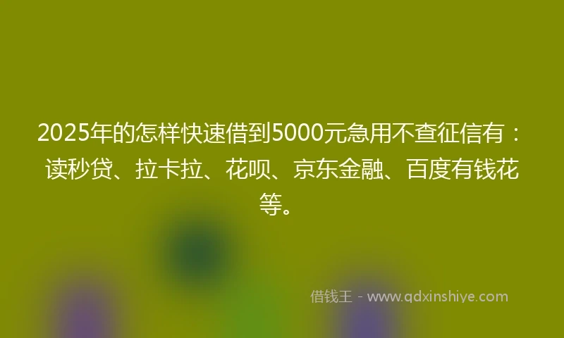 2025年的怎样快速借到5000元急用不查征信有：读秒贷、拉卡拉、花呗、京东金融、百度有钱花等。
