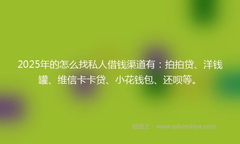 2025年的怎么找私人借钱渠道有：拍拍贷、洋钱罐、维信卡卡贷、小花钱包、还呗等。