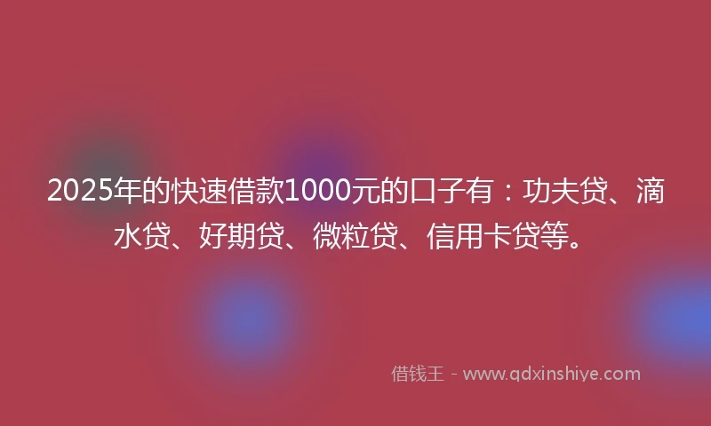 2025年的快速借款1000元的口子有：功夫贷、滴水贷、好期贷、微粒贷、信用卡贷等。