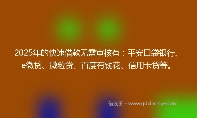 2025年的快速借款无需审核有：平安口袋银行、e微贷、微粒贷、百度有钱花、信用卡贷等。