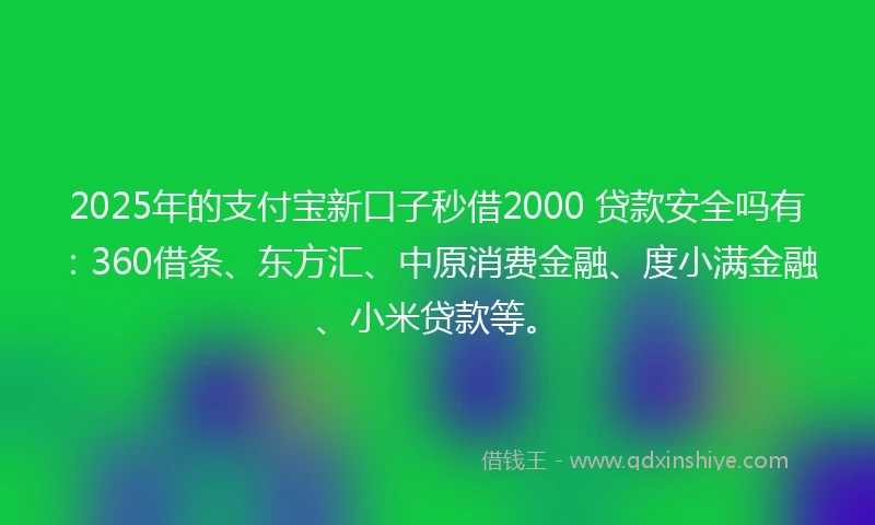 2025年的支付宝新口子秒借2000 贷款安全吗有：360借条、东方汇、中原消费金融、度小满金融、小米贷款等。