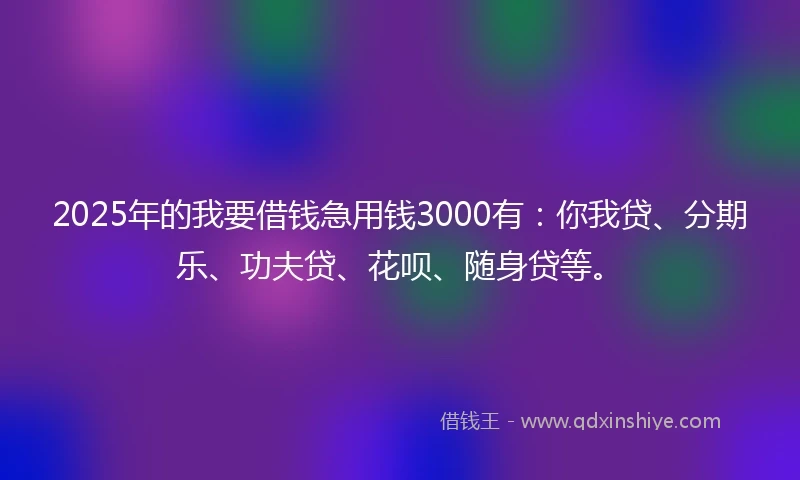 2025年的我要借钱急用钱3000有：你我贷、分期乐、功夫贷、花呗、随身贷等。