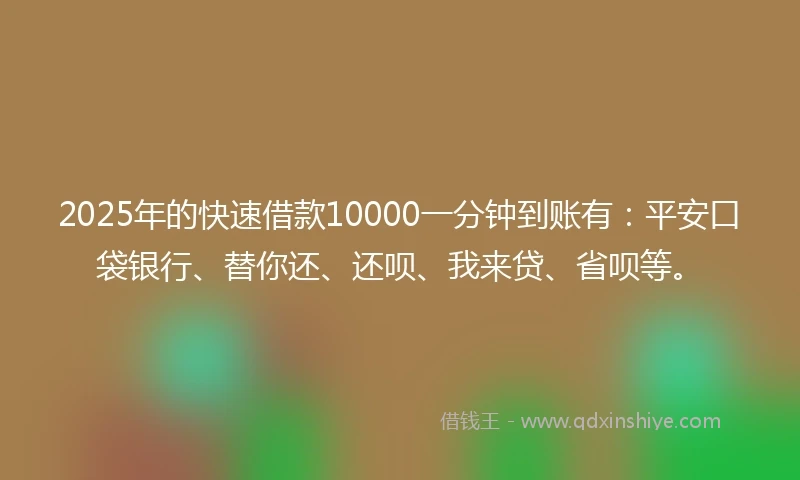 2025年的快速借款10000一分钟到账有：平安口袋银行、替你还、还呗、我来贷、省呗等。