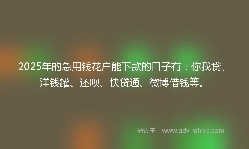 2025年的急用钱花户能下款的口子有：你我贷、洋钱罐、还呗、快贷通、微博借钱等。