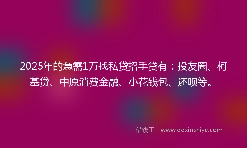 2025年的急需1万找私贷招手贷有：投友圈、柯基贷、中原消费金融、小花钱包、还呗等。