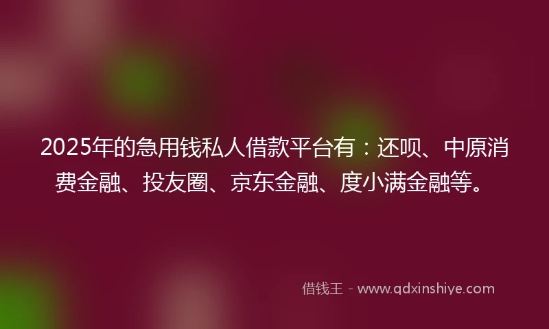 2025年的急用钱私人借款平台有：还呗、中原消费金融、投友圈、京东金融、度小满金融等。