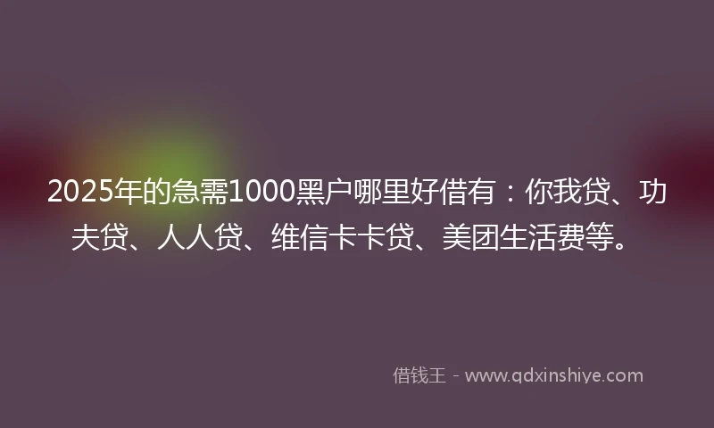 2025年的急需1000黑户哪里好借有：你我贷、功夫贷、人人贷、维信卡卡贷、美团生活费等。