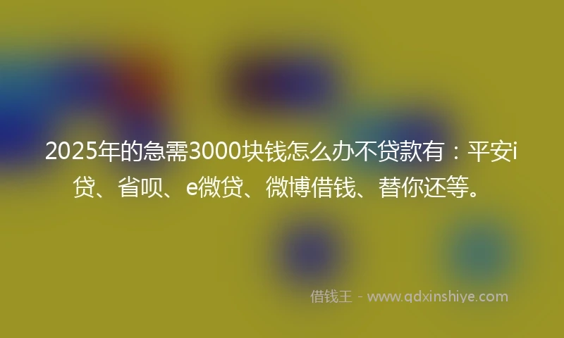 2025年的急需3000块钱怎么办不贷款有：平安i贷、省呗、e微贷、微博借钱、替你还等。