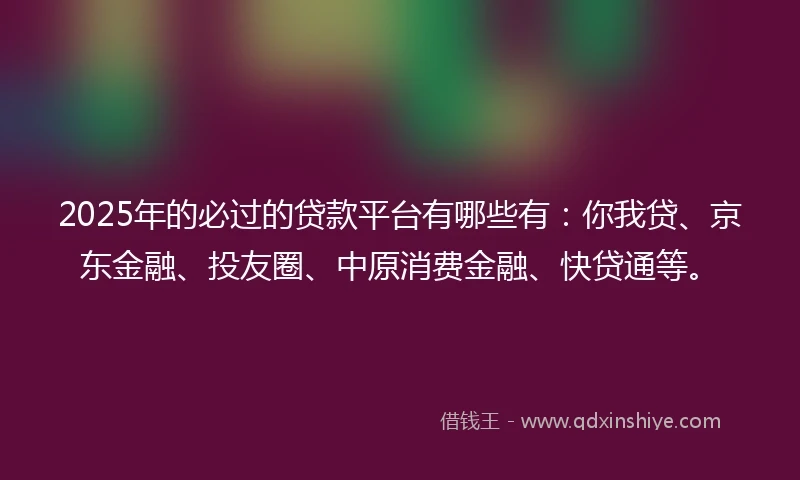 2025年的必过的贷款平台有哪些有：你我贷、京东金融、投友圈、中原消费金融、快贷通等。