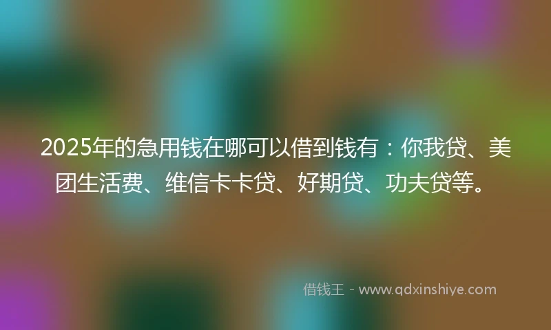 2025年的急用钱在哪可以借到钱有：你我贷、美团生活费、维信卡卡贷、好期贷、功夫贷等。
