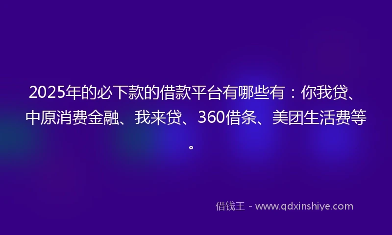 2025年的必下款的借款平台有哪些有：你我贷、中原消费金融、我来贷、360借条、美团生活费等。