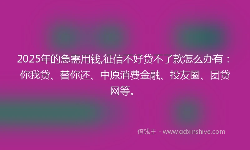2025年的急需用钱,征信不好贷不了款怎么办有：你我贷、替你还、中原消费金融、投友圈、团贷网等。
