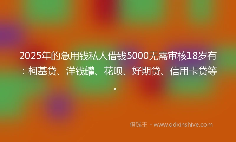 2025年的急用钱私人借钱5000无需审核18岁有：柯基贷、洋钱罐、花呗、好期贷、信用卡贷等。
