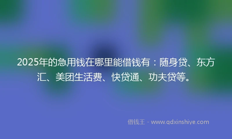 2025年的急用钱在哪里能借钱有：随身贷、东方汇、美团生活费、快贷通、功夫贷等。