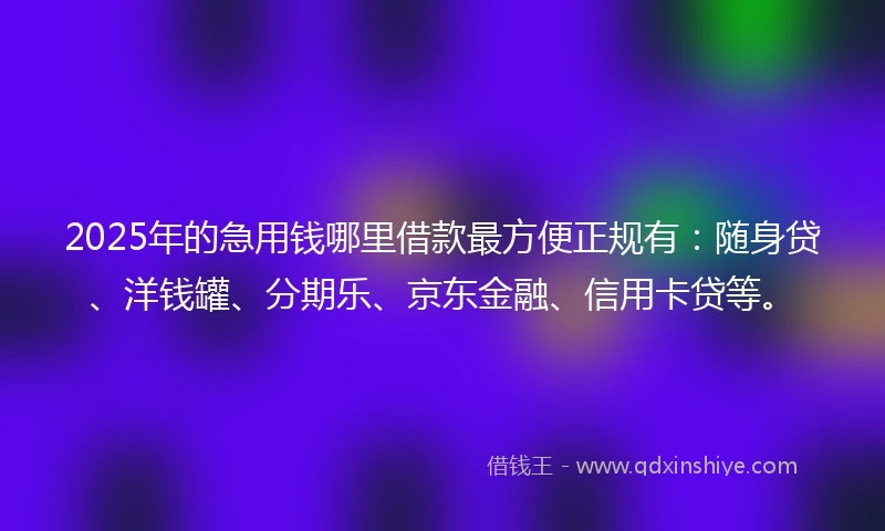 2025年的急用钱哪里借款最方便正规有：随身贷、洋钱罐、分期乐、京东金融、信用卡贷等。