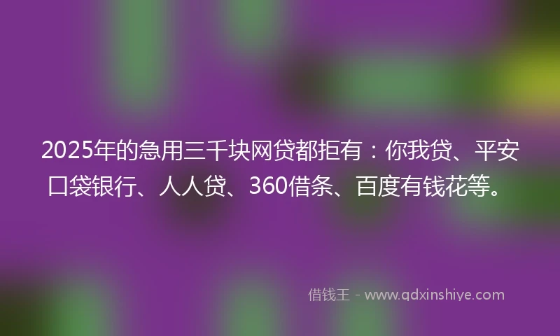 2025年的急用三千块网贷都拒有：你我贷、平安口袋银行、人人贷、360借条、百度有钱花等。