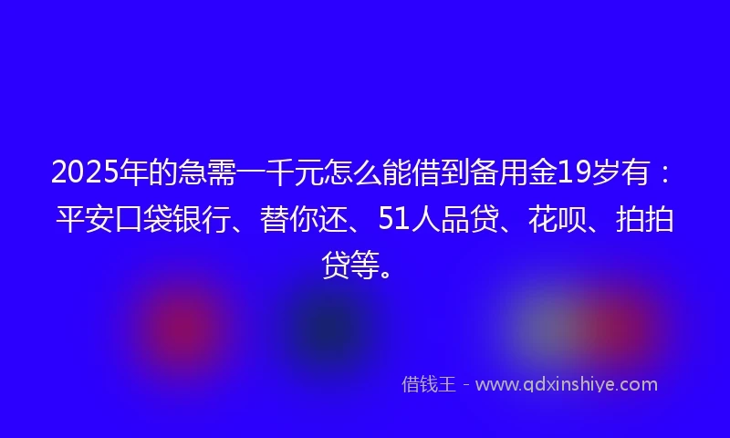 2025年的急需一千元怎么能借到备用金19岁有：平安口袋银行、替你还、51人品贷、花呗、拍拍贷等。