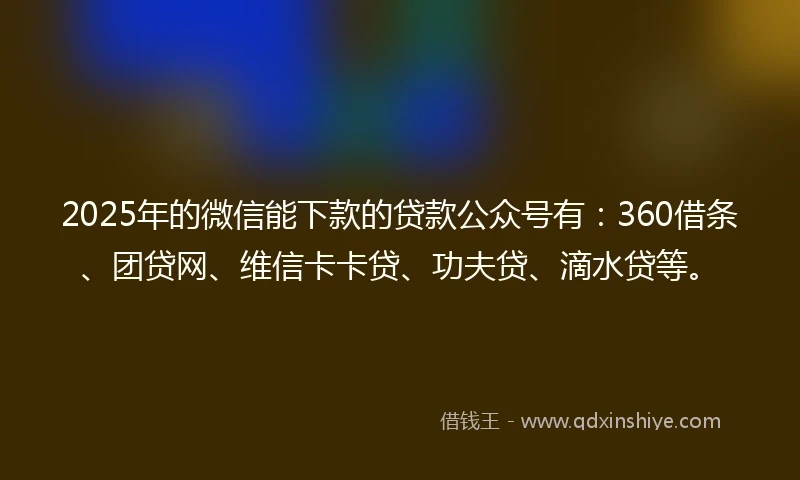 2025年的微信能下款的贷款公众号有：360借条、团贷网、维信卡卡贷、功夫贷、滴水贷等。