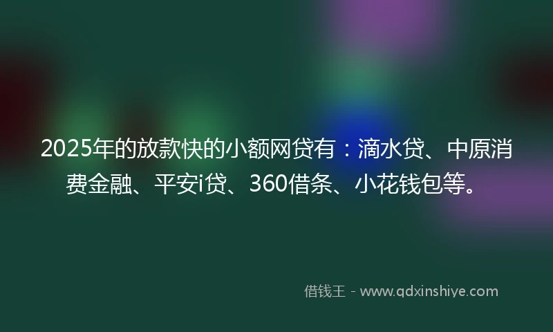 2025年的放款快的小额网贷有：滴水贷、中原消费金融、平安i贷、360借条、小花钱包等。