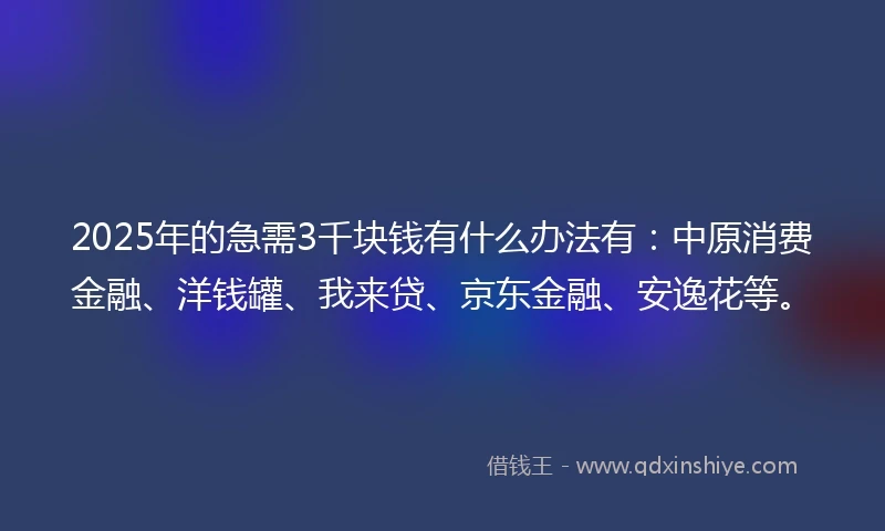 2025年的急需3千块钱有什么办法有：中原消费金融、洋钱罐、我来贷、京东金融、安逸花等。