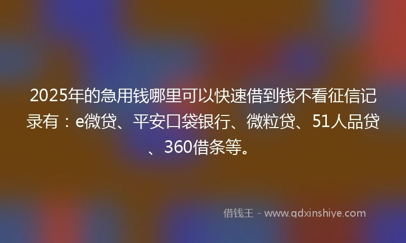 2025年的急用钱哪里可以快速借到钱不看征信记录有：e微贷、平安口袋银行、微粒贷、51人品贷、360借条等。