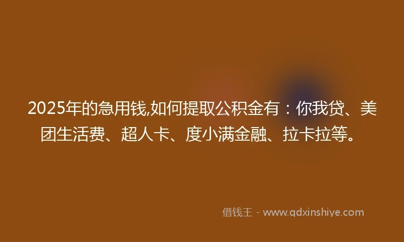 2025年的急用钱,如何提取公积金有：你我贷、美团生活费、超人卡、度小满金融、拉卡拉等。