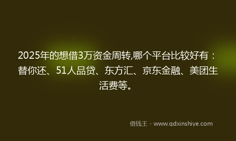 2025年的想借3万资金周转,哪个平台比较好有：替你还、51人品贷、东方汇、京东金融、美团生活费等。